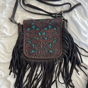 Brown and Teal Fringe Crossbody Bag